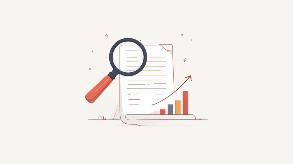 A magnifying glass examining a document with text, next to a rising bar chart.