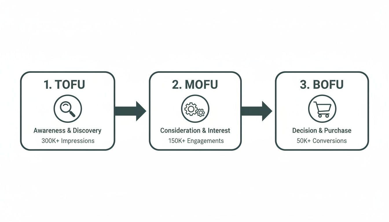 Marketing funnel stages: TOFU, MOFU, BOFU, showing awareness, consideration, and purchase metrics.