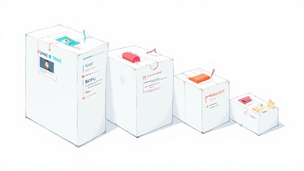 Four white boxes of decreasing size arranged in a row, each with labels and objects.
