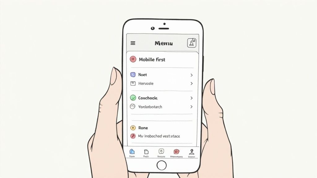 Hands holding a smartphone displaying a detailed mobile application menu with various options and icons.
