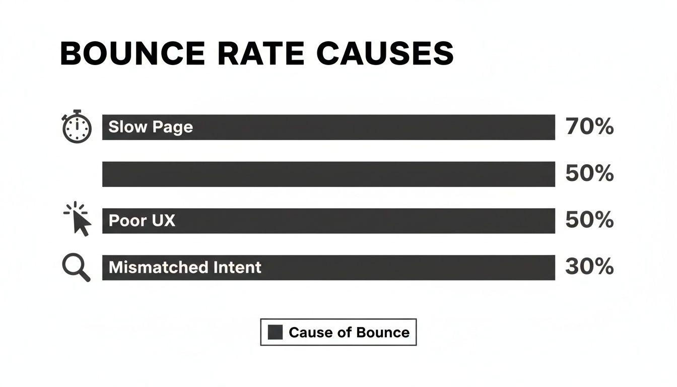 Bar chart illustrating top causes of website bounce rate: slow page, poor UX, and mismatched intent.