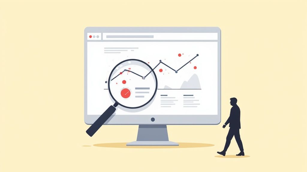 An illustration of a person analyzing website data and metrics on a computer monitor with a magnifying glass.