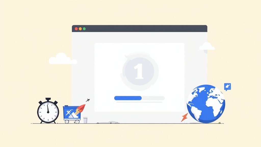 Illustration of website performance optimization with a browser, clock, rocket, shopping cart, and globe.