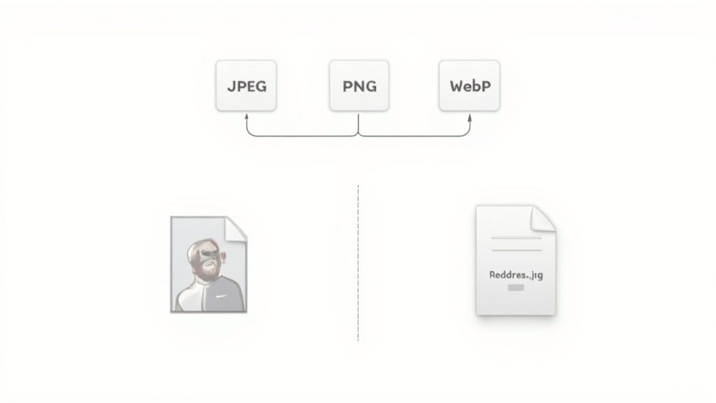 Image formats JPEG, PNG, and WebP are displayed above two representative file icons.