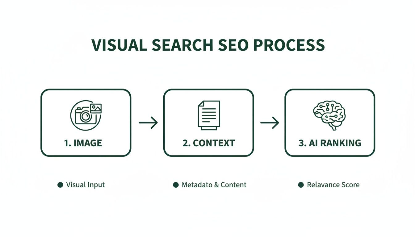 Flowchart illustrating the visual search SEO process with steps for image input, context, and AI ranking.