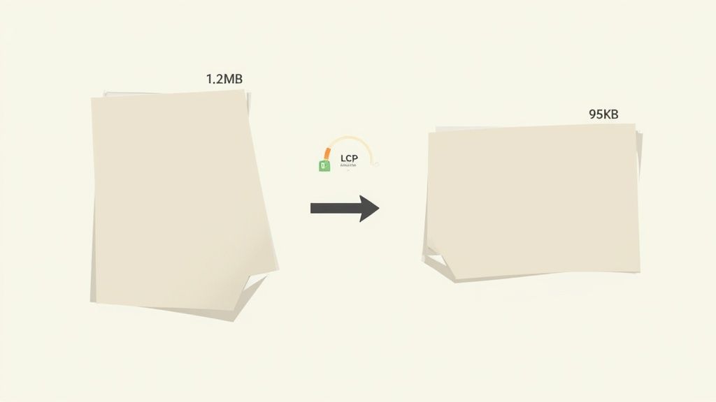 Image optimization reduces file size from 1.2MB to 95KB, improving Largest Contentful Paint (LCP).