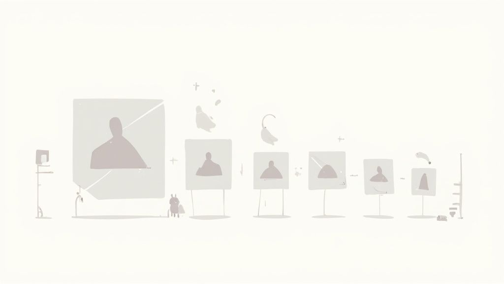 Minimalist illustration showing a sequence of grey human silhouettes in frames, progressively shrinking.