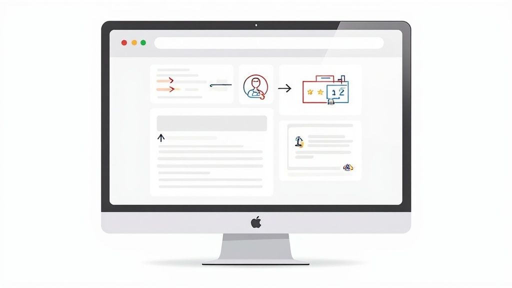 Apple iMac screen shows a professional marketing strategy workflow with user journey and data.