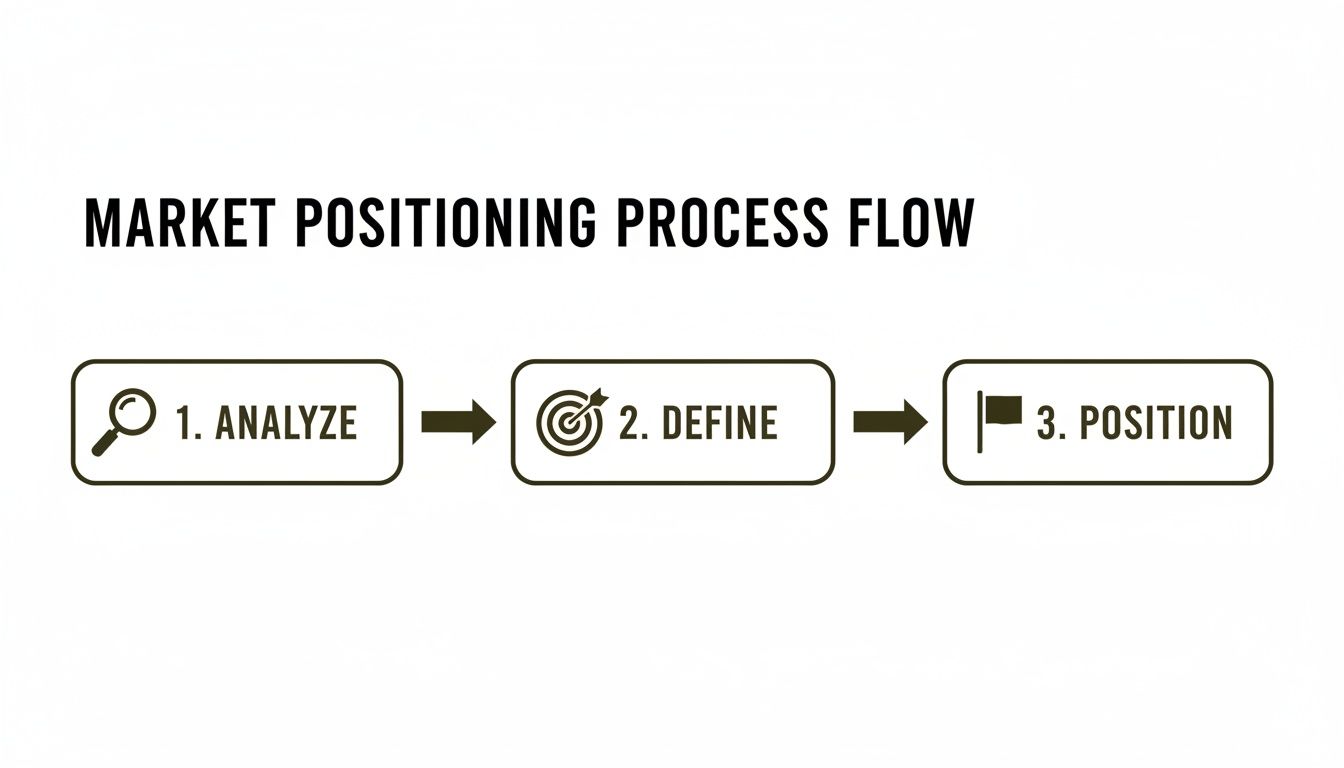 A clear flowchart illustrating the market positioning process with three steps: Analyze, Define, and Position.