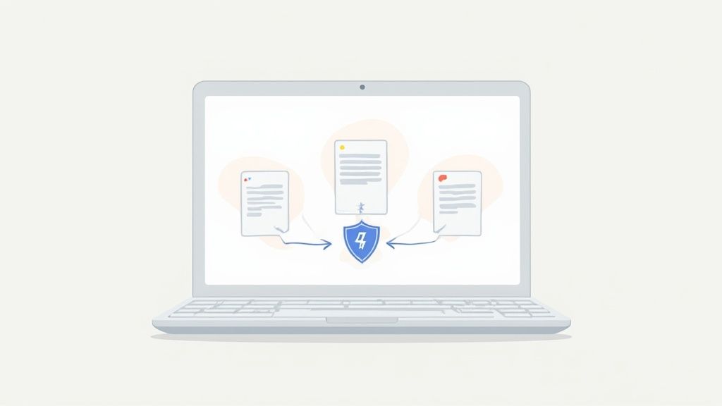 Illustration of a laptop displaying three documents securely connected to a central shield icon.