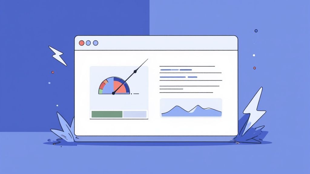 An illustration of a browser window displaying a performance dashboard with a gauge, graphs, and lightning bolts.