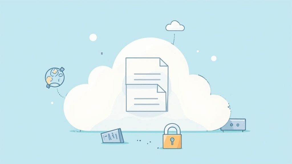 Illustration of cloud storage with documents, a padlock for security, and a globe for global access.