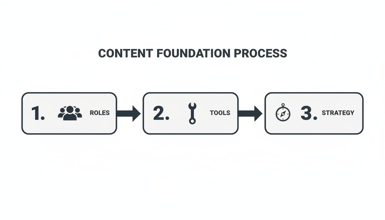 A three-step content foundation process diagram: Roles, Tools, and Strategy, with respective icons and connecting arrows.