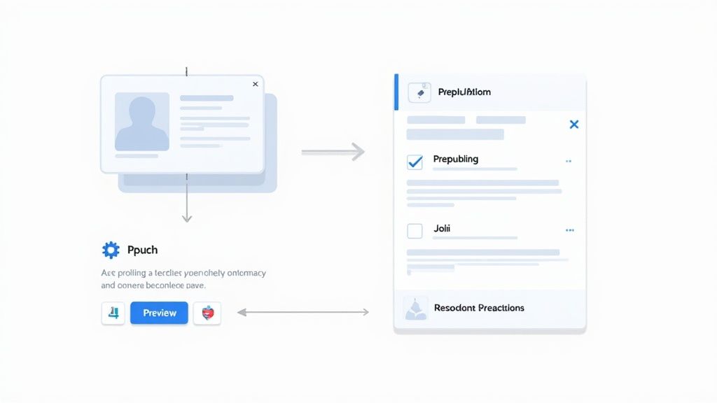 Illustration of a digital content production workflow showing data processing and task management.