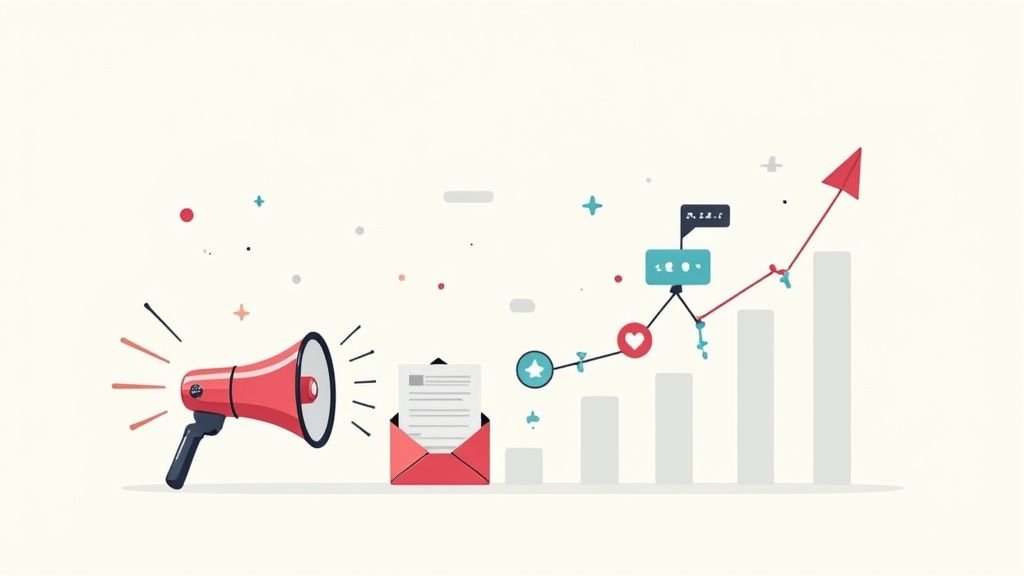 A red megaphone, email, and a growth chart with engagement icons symbolizing marketing and content strategy.