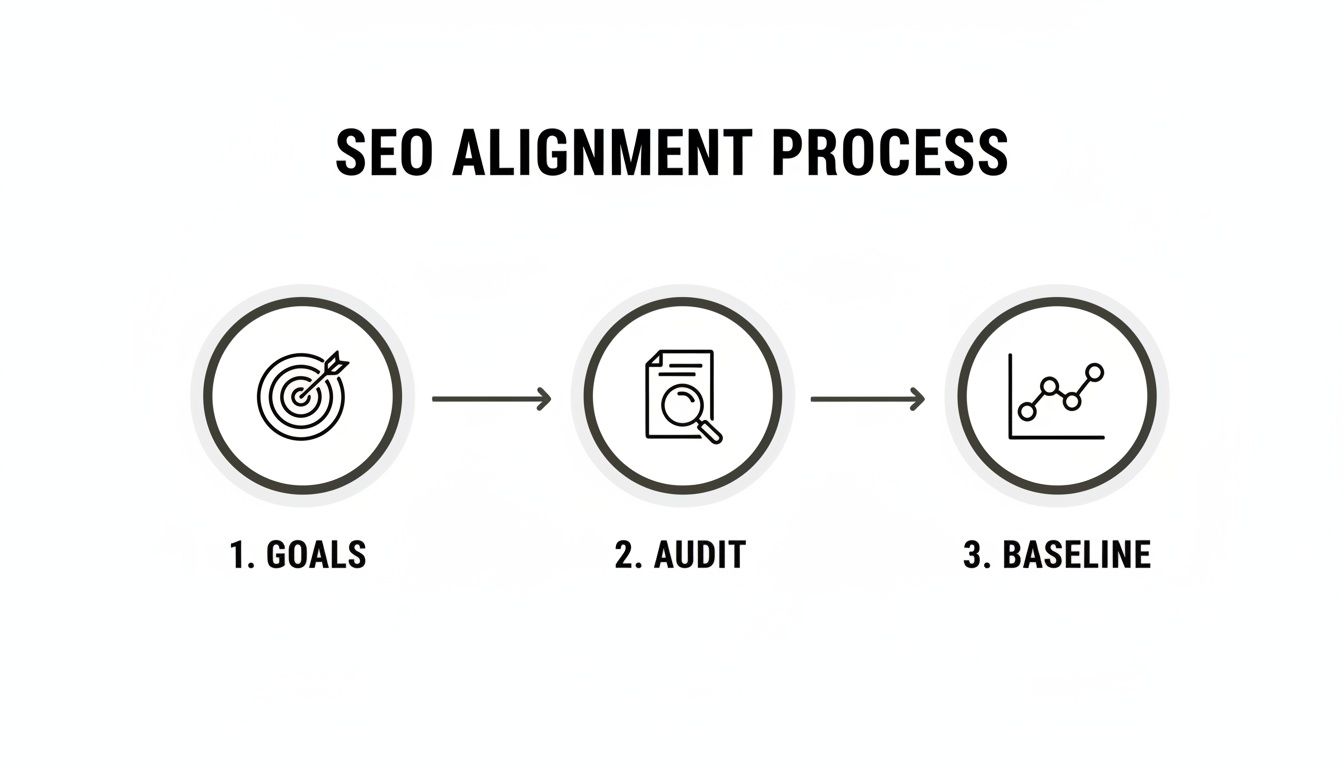 An SEO alignment process diagram showing three steps: goals, audit, and baseline for strategizing.