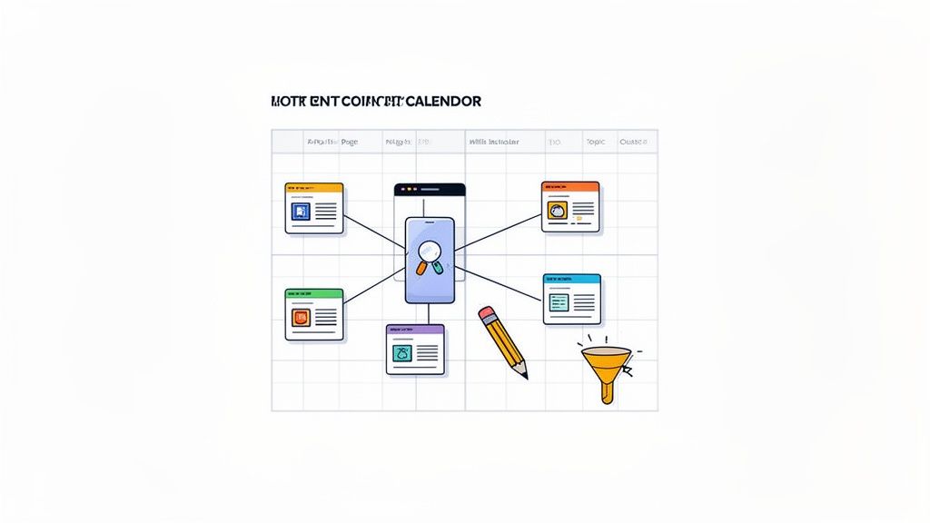 A content calendar mind map illustration with a smartphone at the center connecting to various content pages, a pencil, and a marketing funnel, all on a grid.