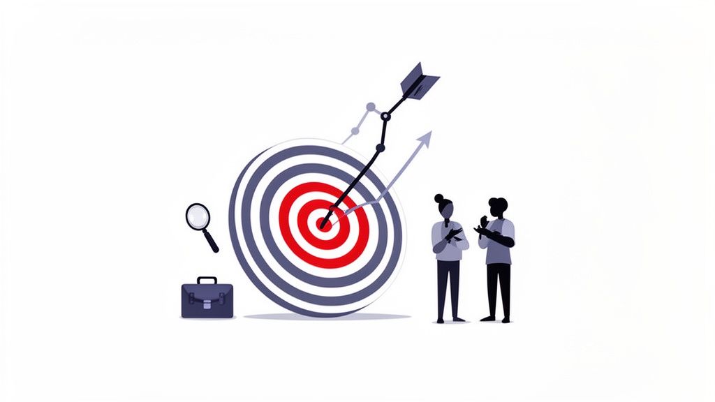 Two people discussing business strategy with a target, arrow, graph, magnifying glass, and briefcase.