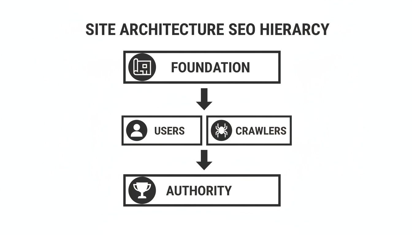 A diagram illustrating the site architecture SEO hierarchy: Foundation, Users, Crawlers, and Authority.