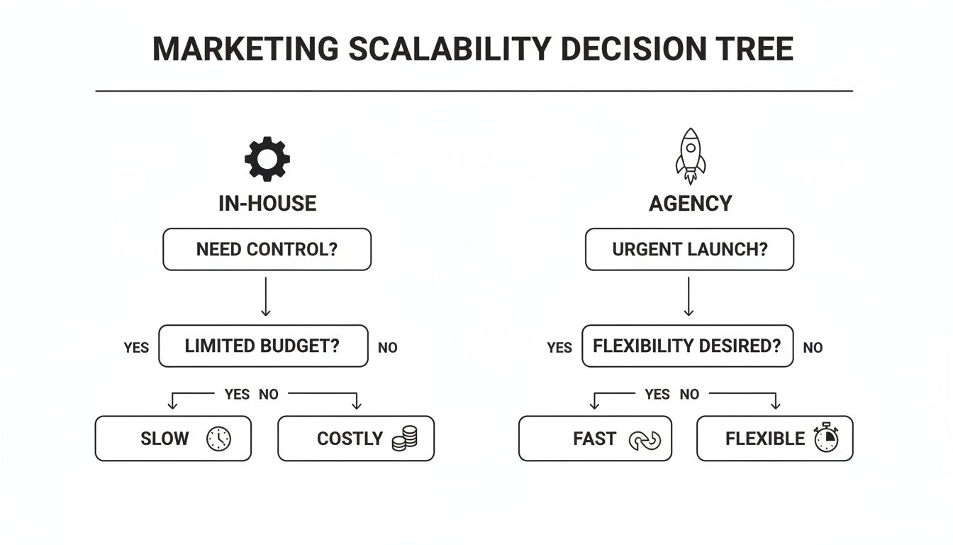 A marketing scalability decision tree flowchart comparing in-house and agency strategies.