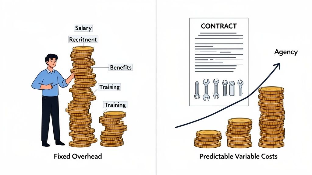 An illustration comparing fixed overhead costs for in-house employees versus predictable variable costs for agency services.