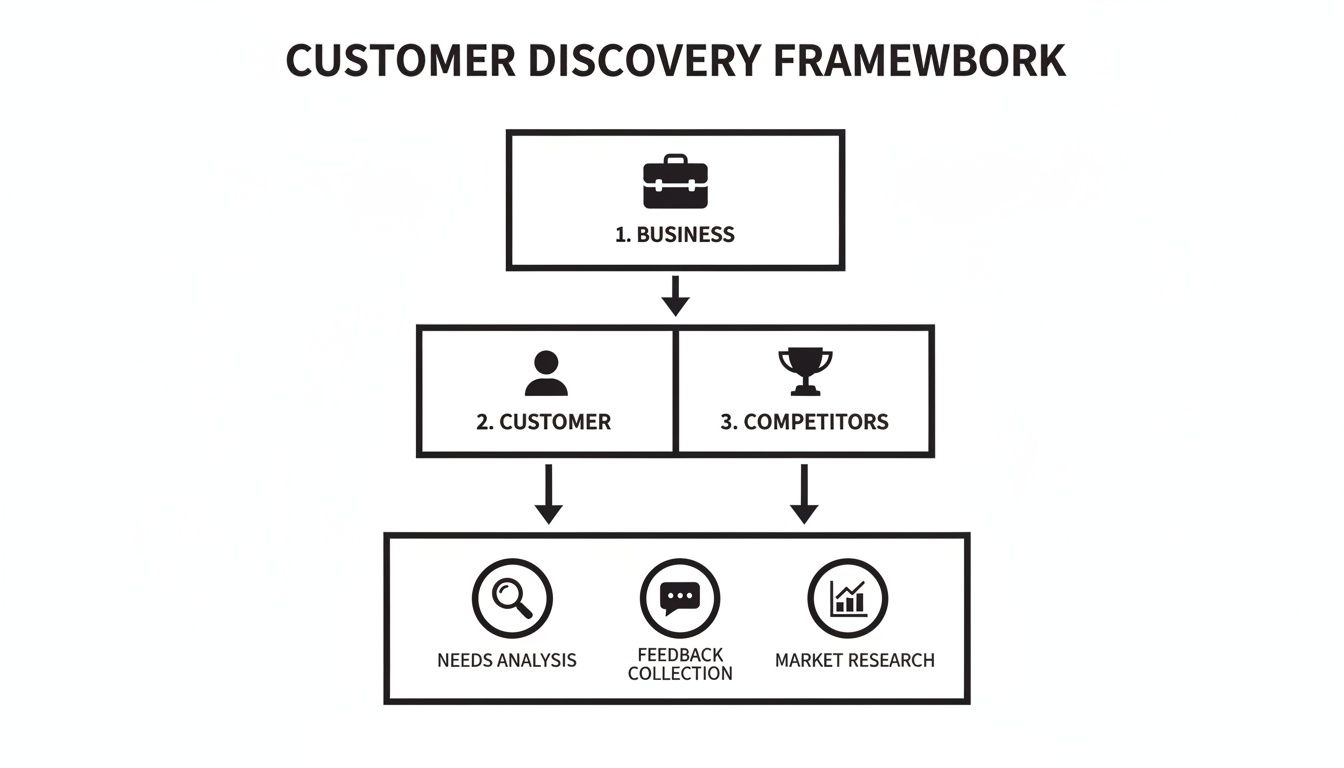 A diagram illustrating a customer discovery framework outlining business, customer, competitors, needs analysis, feedback, and market research steps.