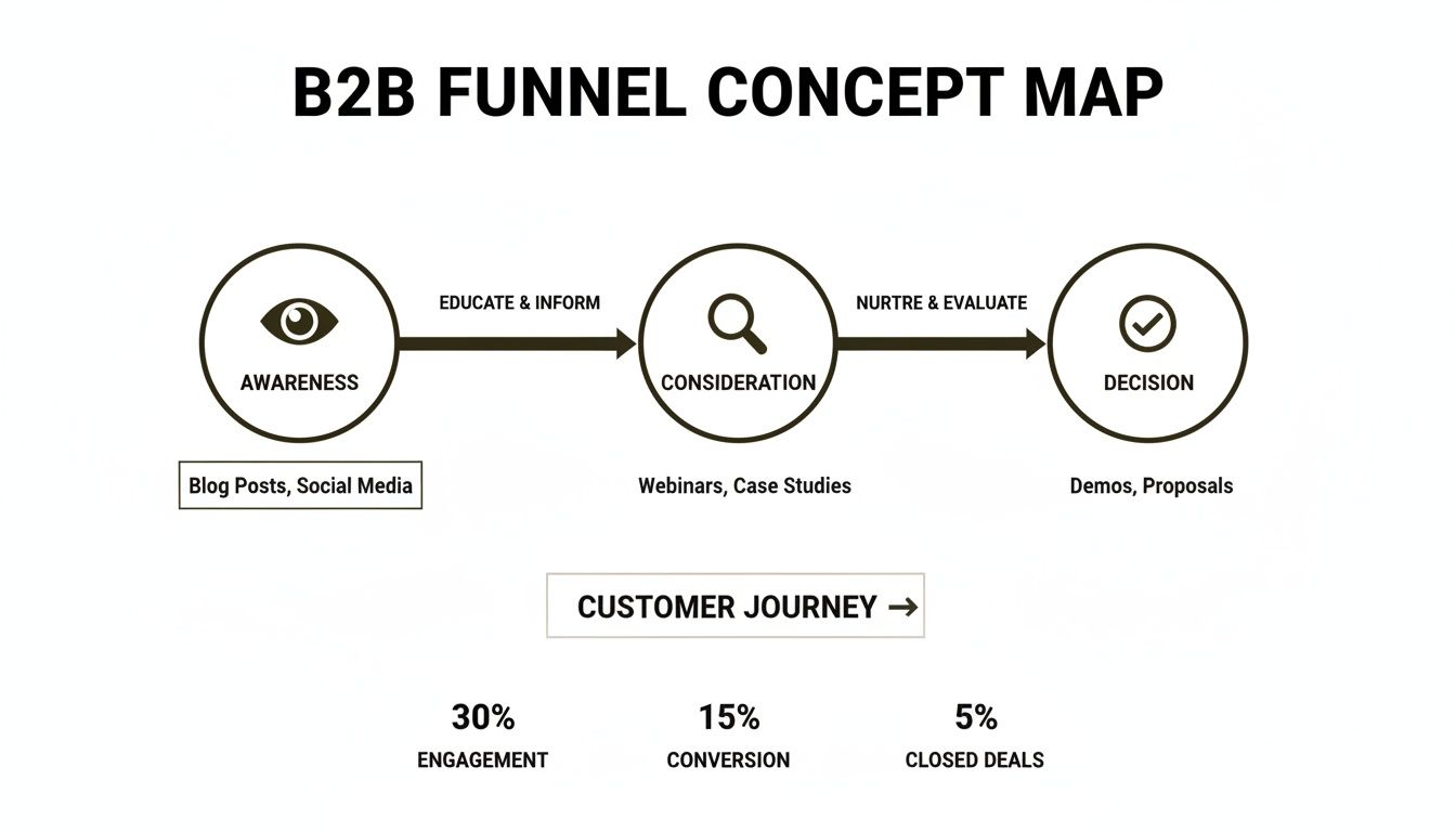 A B2B sales funnel concept map illustrating awareness, consideration, and decision stages with metrics.