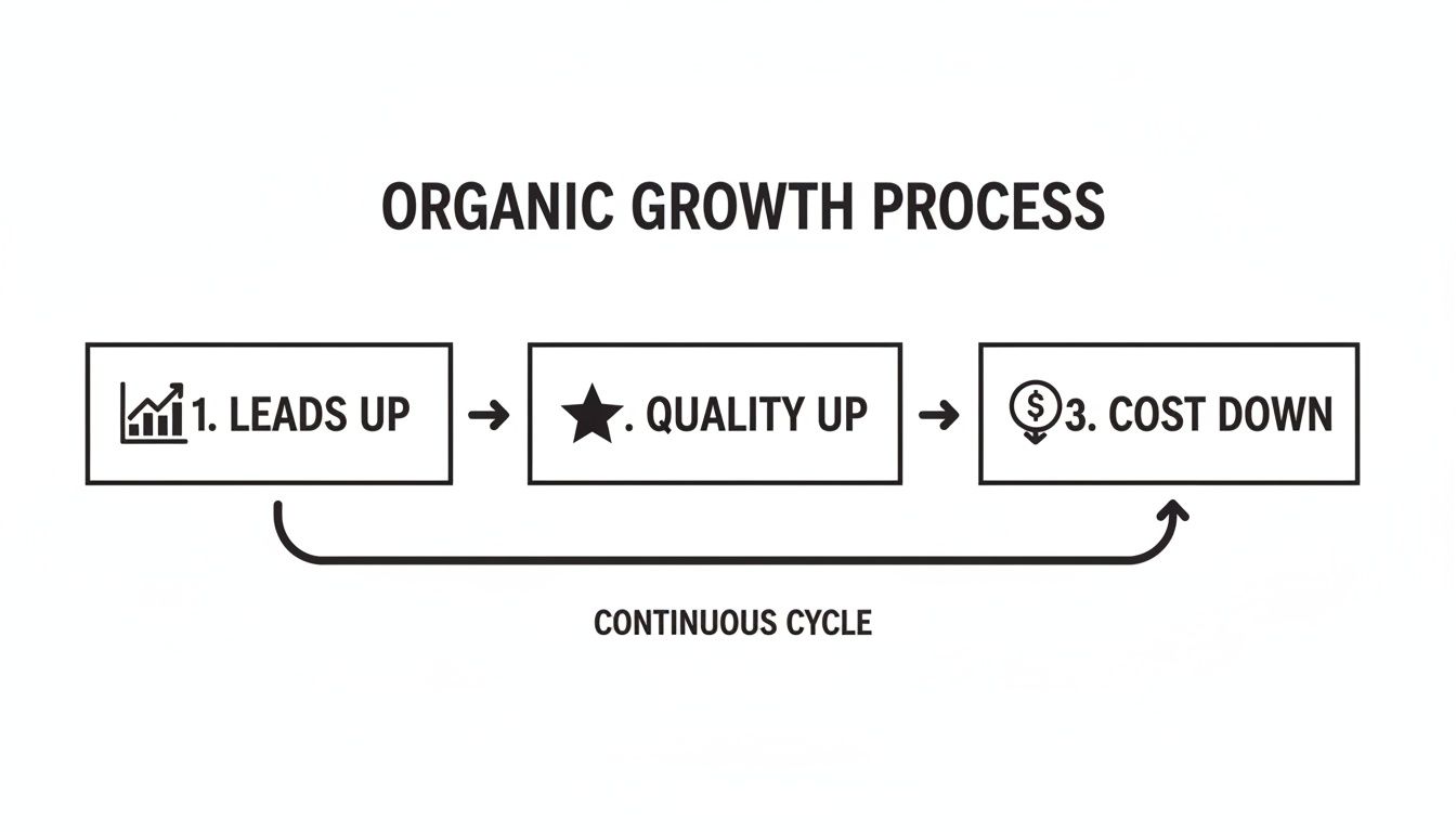 Diagram illustrating the organic growth process: leads up, quality up, and cost down in a continuous cycle.