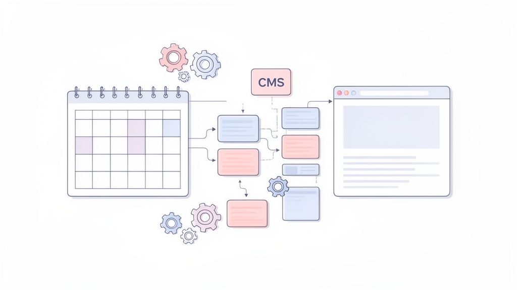 Illustration of a content management system (CMS) workflow, from calendar scheduling to website publishing.