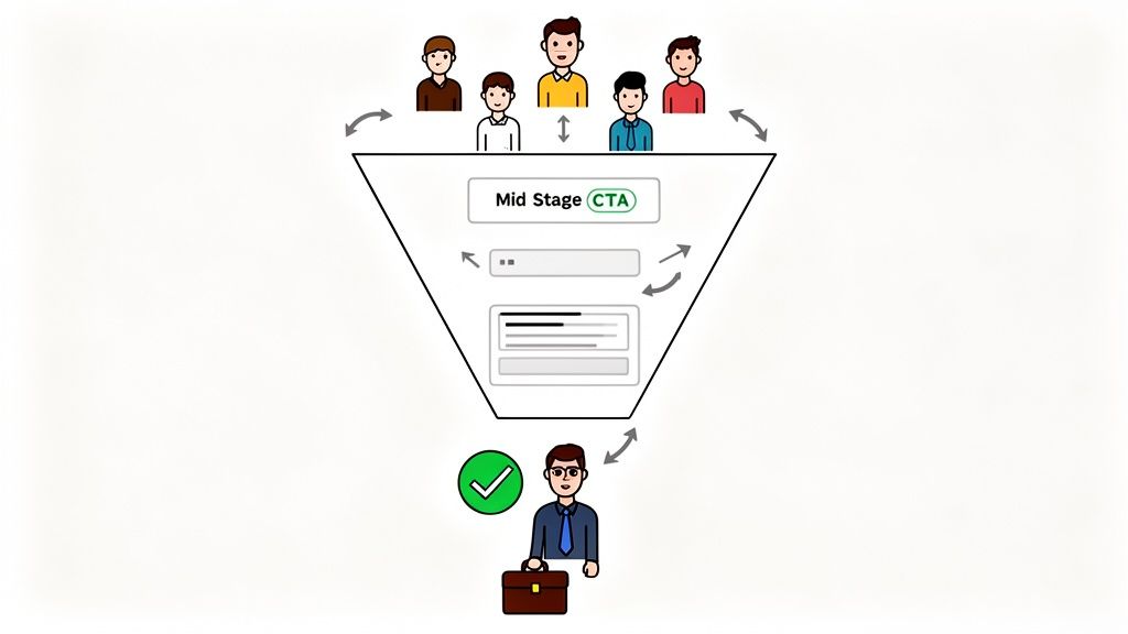 Marketing funnel showing leads engaging with a 'Mid Stage CTA' form, converting into a qualified customer.