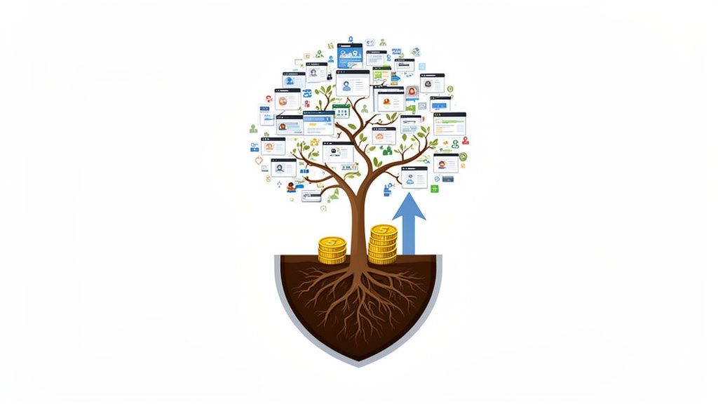 A digital growth tree with web pages, user icons, roots, coins, and an upward arrow.