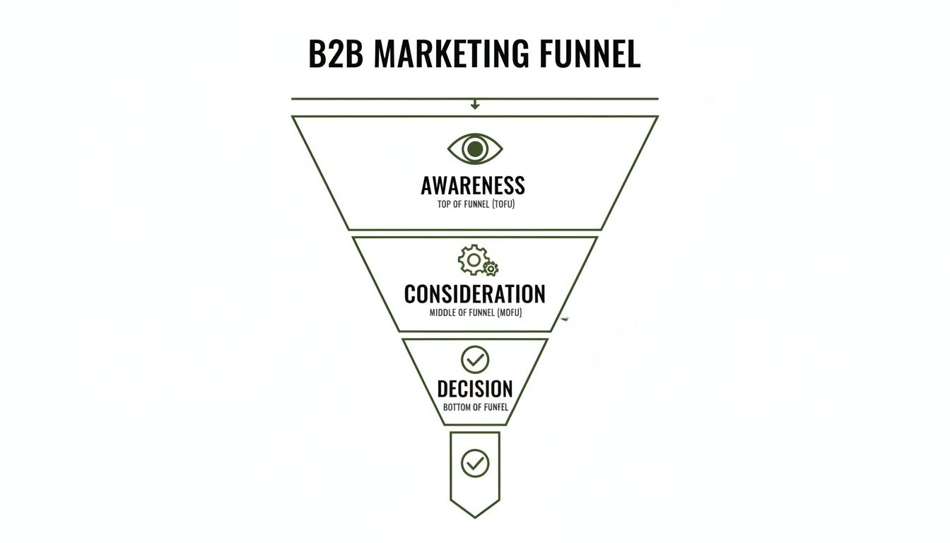 B2B marketing funnel diagram with top (awareness), middle (consideration), and bottom (decision) stages.
