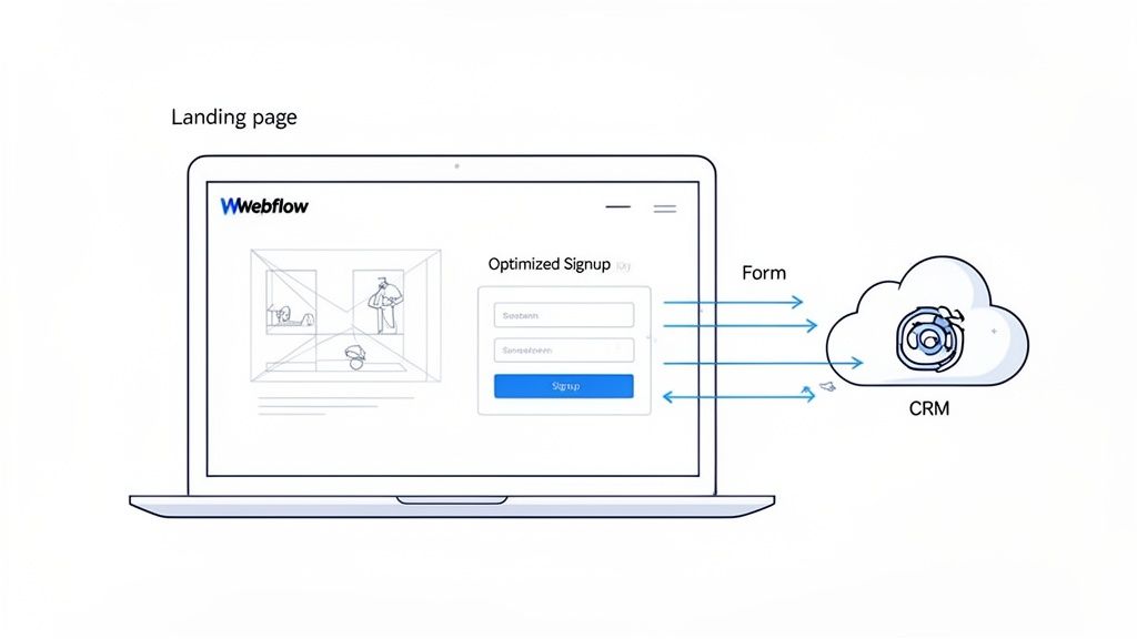 A laptop displays a Webflow landing page with a signup form sending data to a CRM cloud.