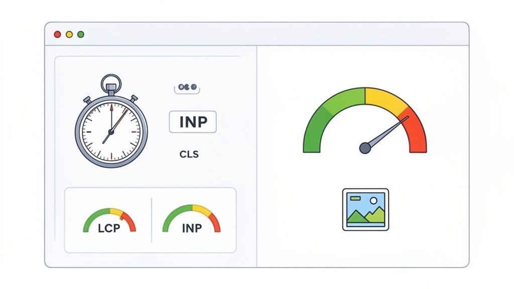 A website audit dashboard with a stopwatch, gauges showing Core Web Vitals like INP and LCP.