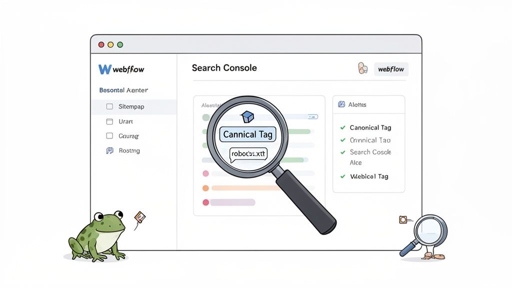 Webflow Search Console dashboard with a magnifying glass highlighting a Canonical Tag and robots.txt for SEO audit.