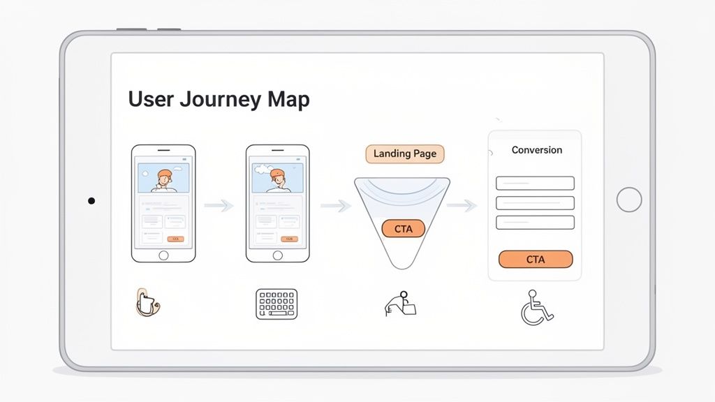 A user journey map illustrating steps from mobile interaction to landing page conversion with accessibility icons.