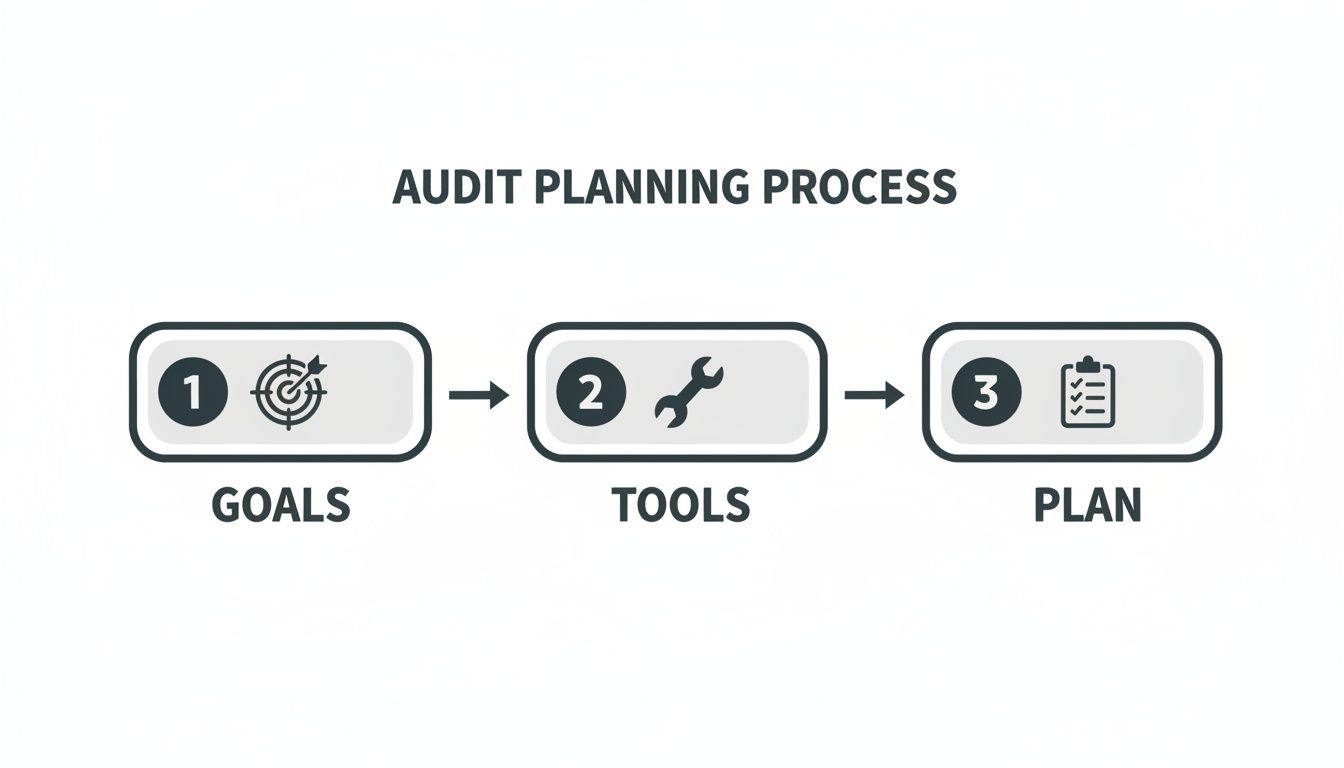 Infographic showing the three-step audit planning process with icons for goals, tools, and plan.