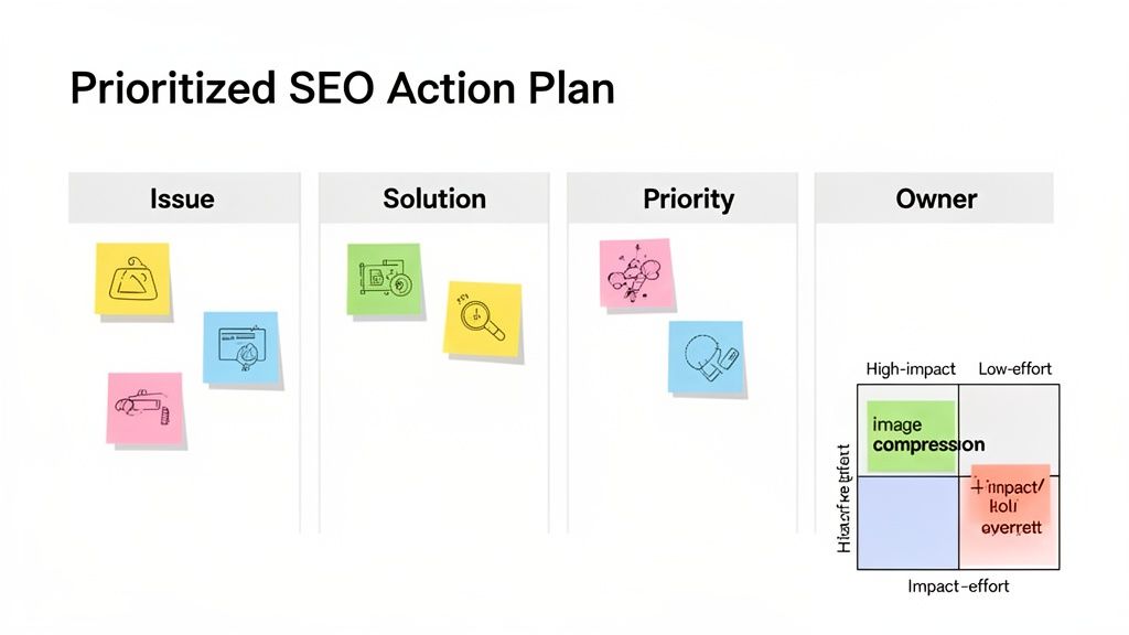 A whiteboard showing a prioritized SEO action plan with columns for issue, solution, priority, and an impact-effort matrix.