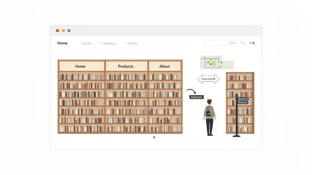A UI design illustrating information architecture concepts with bookshelves, navigation, and user pathfinding.