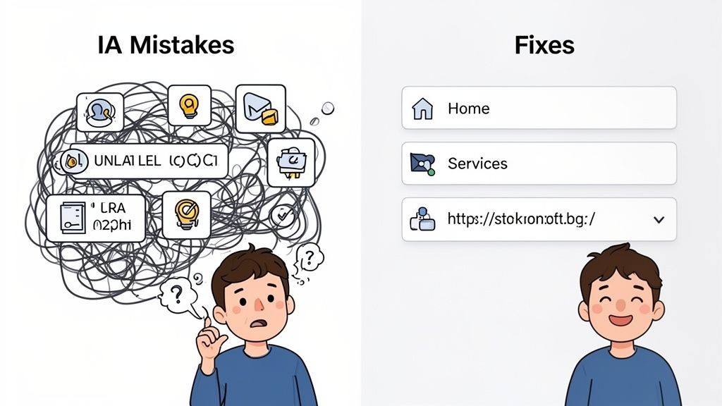 This image illustrates information architecture mistakes versus clear, organized fixes for better user experience.