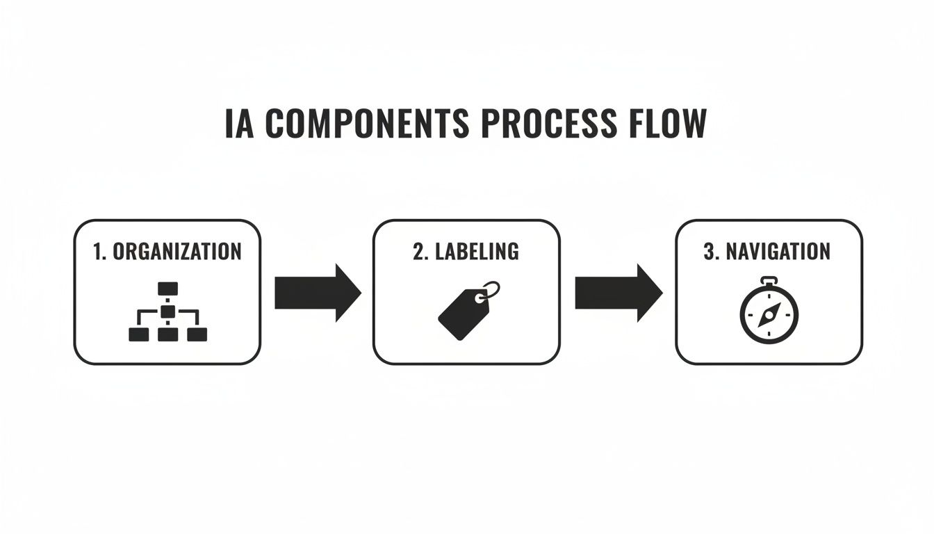 A process flow diagram for IA components showing organization, labeling, and navigation with descriptive icons.