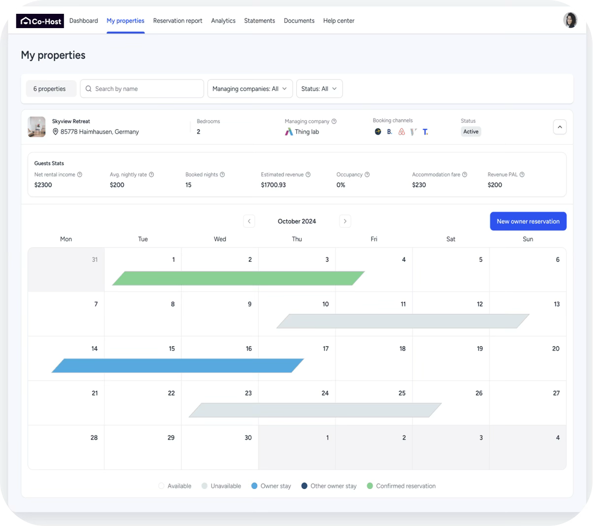 Property management dashboard with a booking calendar.