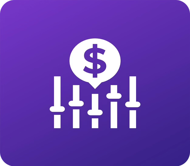 Purple icon showing slider controls and a dollar sign speech bubble.