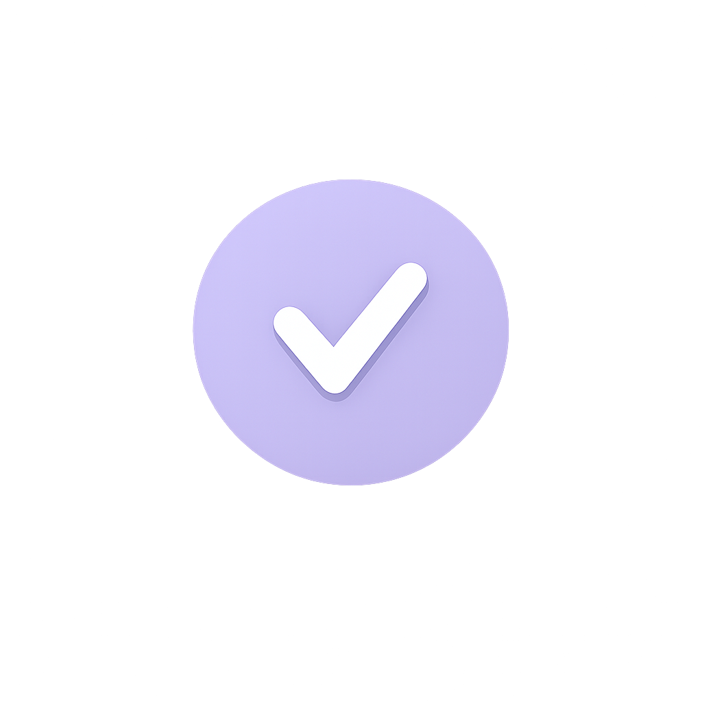 White checkmark symbol inside a light purple circle