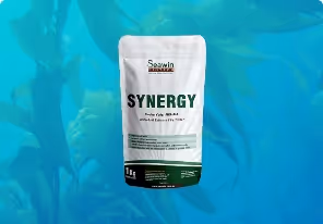 White and green bag of Seawin Synergy seaweed fertilizer against an underwater kelp background.