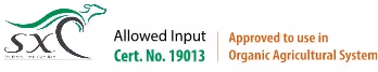 SXC logo with text stating allowed input Cert. No. 19013 and approved to use in Organic Agricultural System.