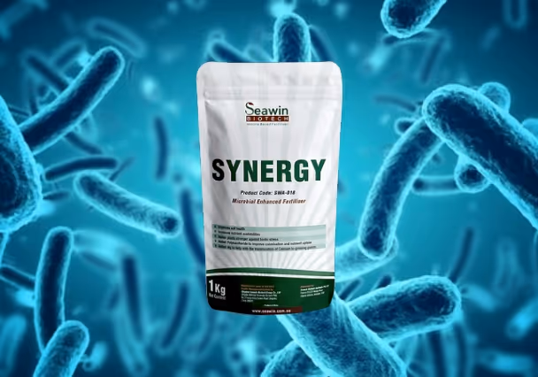 Package of Seawin Biotech Synergy microbial enhanced fertilizer against a blue microscopic bacteria background.
