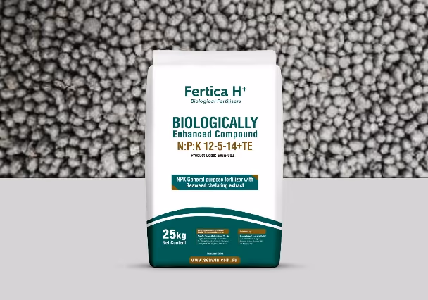 Fertica H+ 25kg bag of biologically enhanced compound fertilizer NPK 12-5-14+TE with seaweed chelating extract on a gray surface.