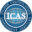 ICAS In-Ceer Certification Assessment Services round blue logo with globe design.