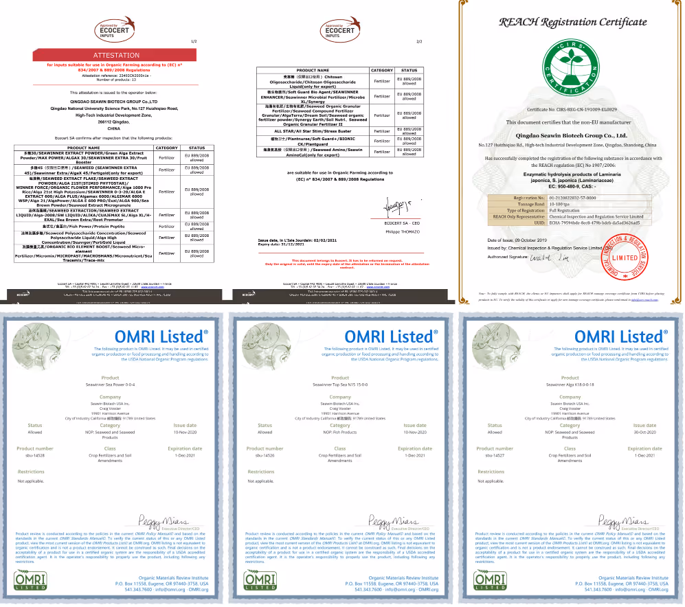 Certificates including REACH Registration Certificate for Qingdao Seawin Biotech Group, OMRI Listed certificates for Seawin Sea Power 0-0-4, Seawin Top Sea N15 15-0-0, and Seawin Alga K18 0-0-18 products, and ECOCERT attestation for organic farming input products.